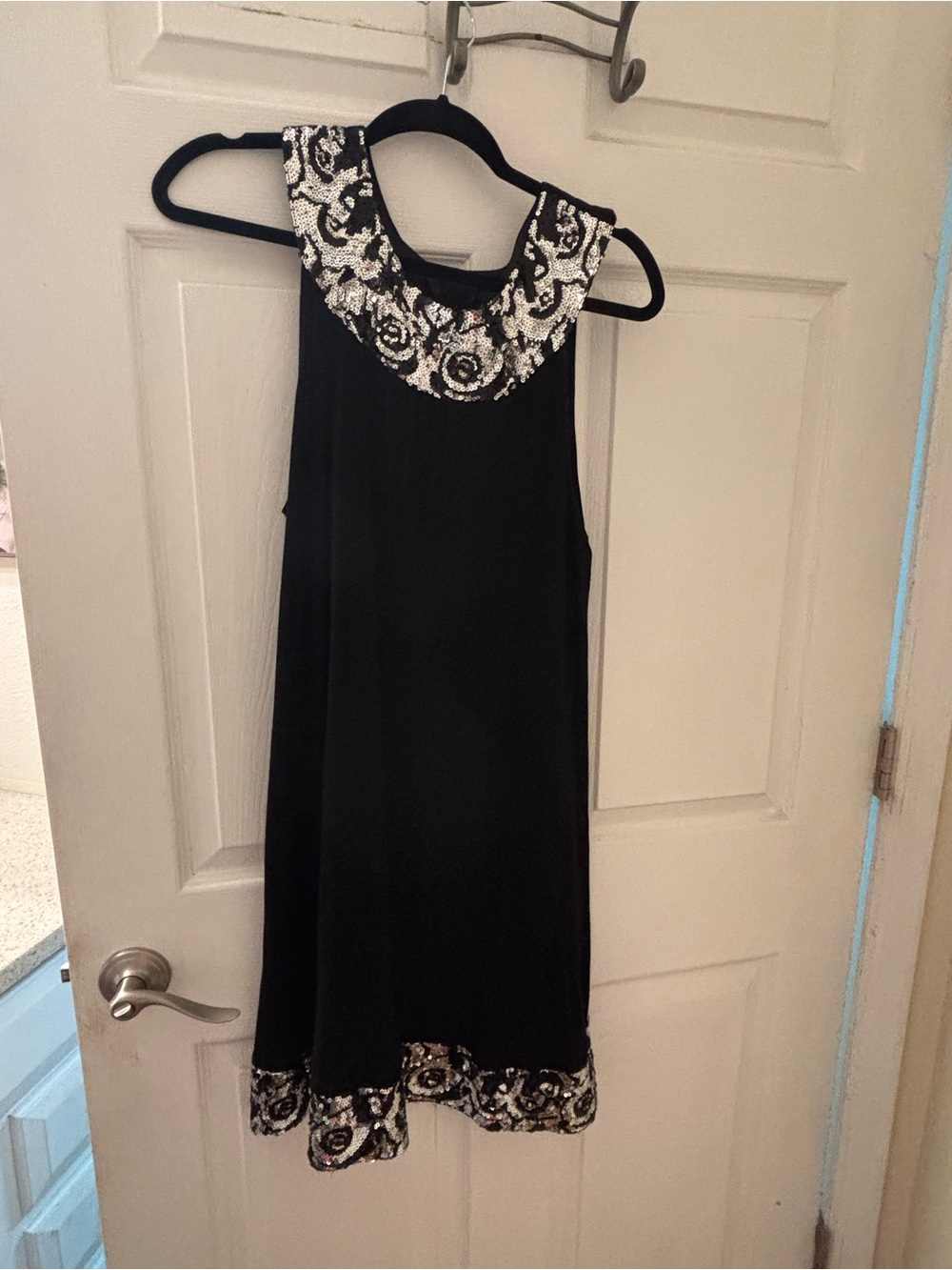 Black Sleeveless Dress with Silver Sequin Trim